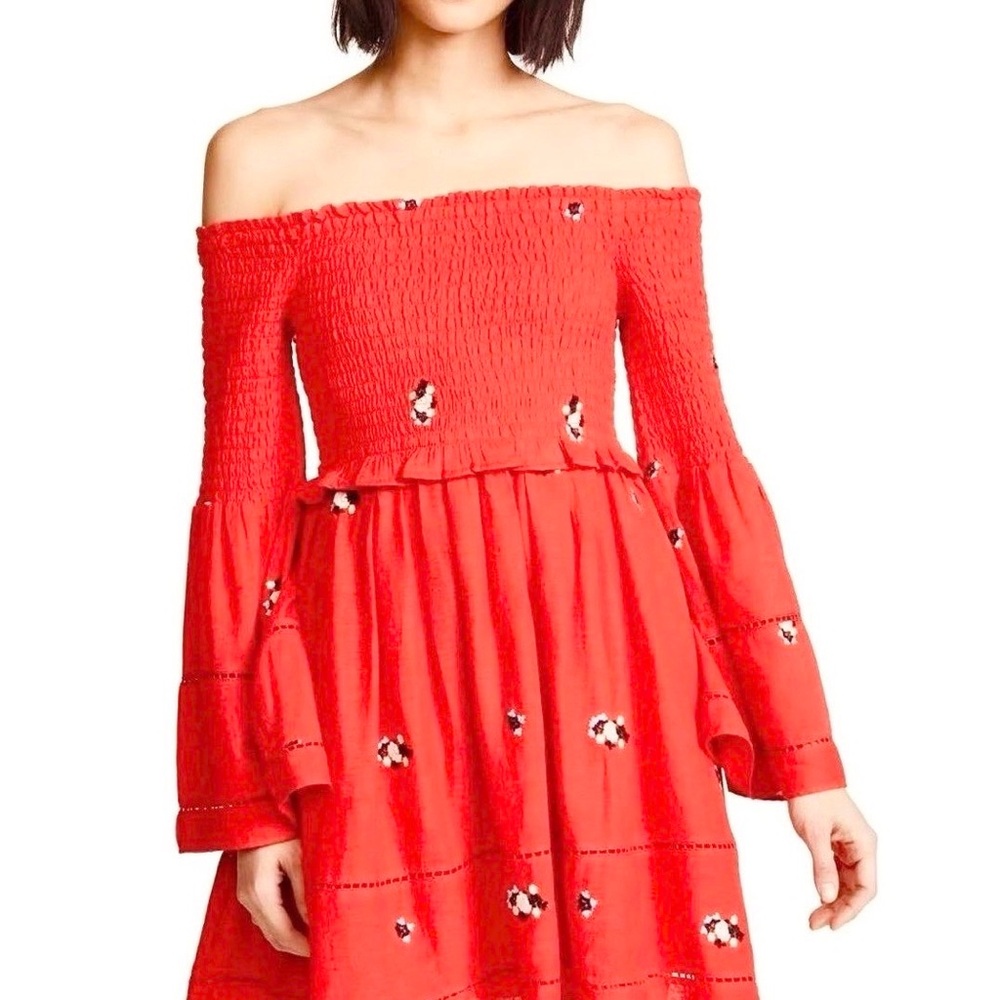 Free People Counting Daisies Red Off Shoulder Embroidered Mini Dress Size Small